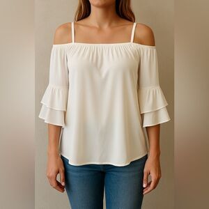 Sioni White Off Shoulder Peasant Blouse XL Flowy Boho Tiered Bell Sleeve Top